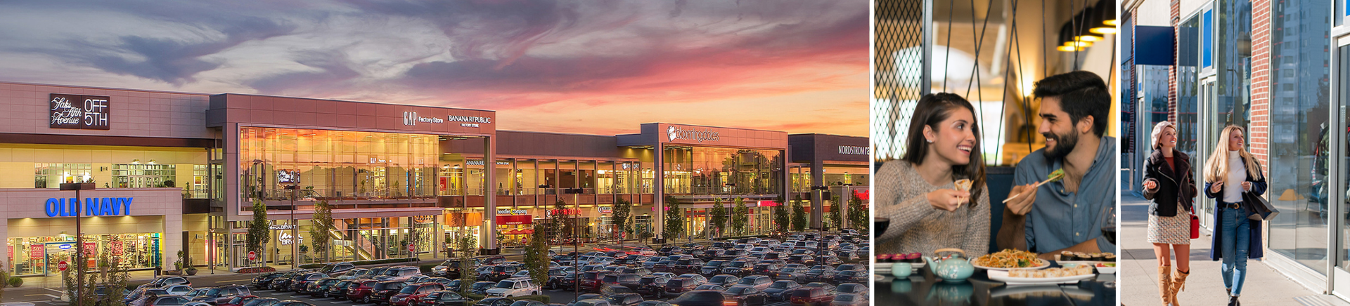 Gallery at Westbury Plaza collage, exterior at sunset, couple smiling and eating with chopsticks, two women window shopping